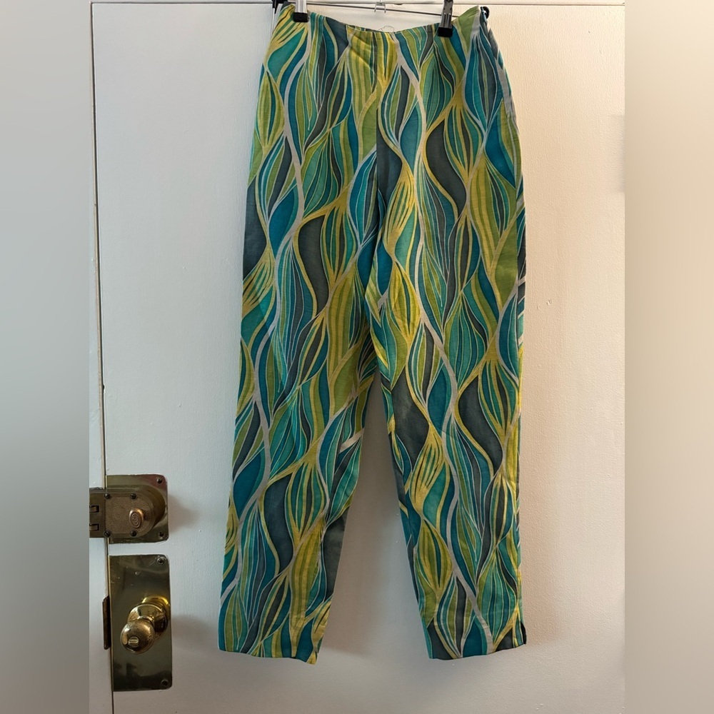 Dana Buchman Silk Linen Blend high waisted colorful watercolor pants chartreuse